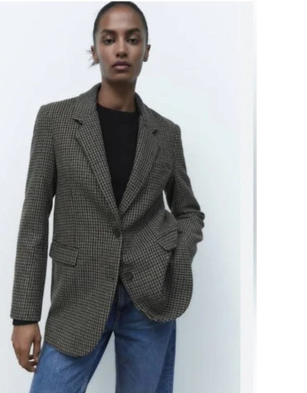 Zara Wool Blend Brown Houndstooth Tailored Blazer XS